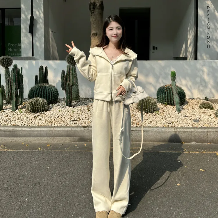 【悠悠】秋冬季加绒连帽卫衣开衫阔腿裤休闲显瘦运动套装时尚女