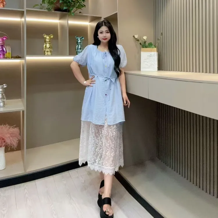 夏季连衣裙-甜 3861时尚潮流蕾丝边休闲彩扣款胖MM大码女装新款
