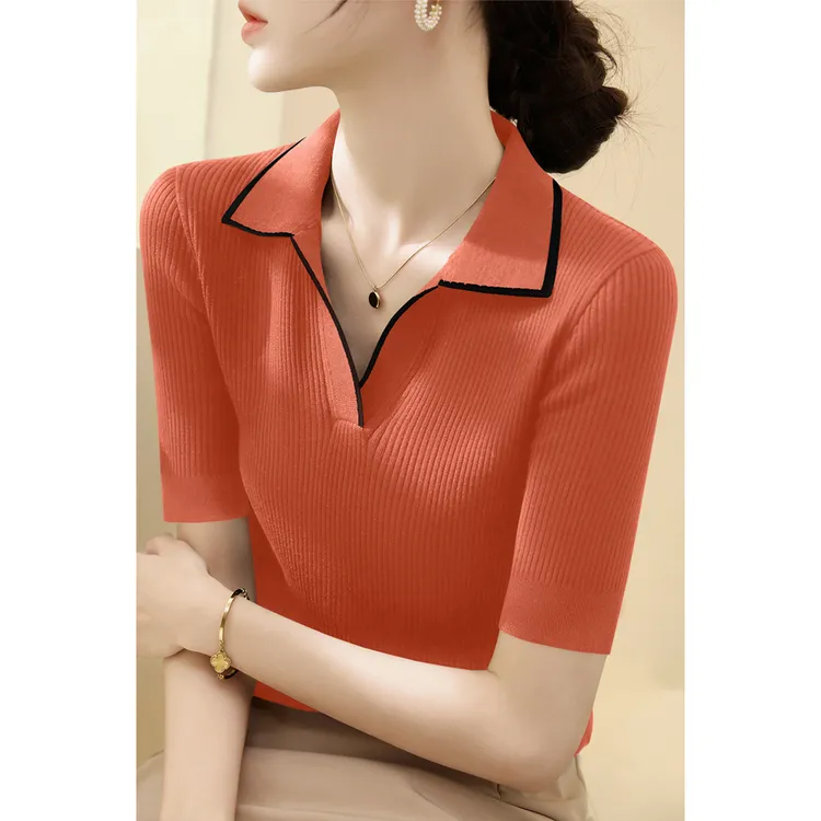 2025年新款莱赛尔修身打底上衣女夏季polov领时尚套头显瘦针织衫