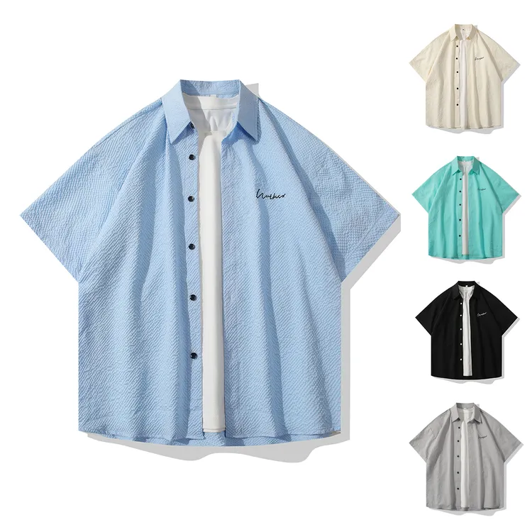 夏季轻薄款短袖衬衫男士宽松潮流痞帅印花休闲百搭学生港风衬衣服
