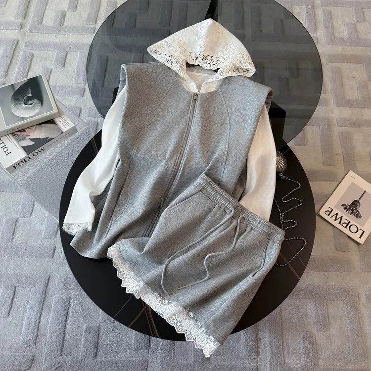 韩版时尚休闲裤裙套装女秋款马甲外套连帽T恤蕾丝花边裤裙三件套