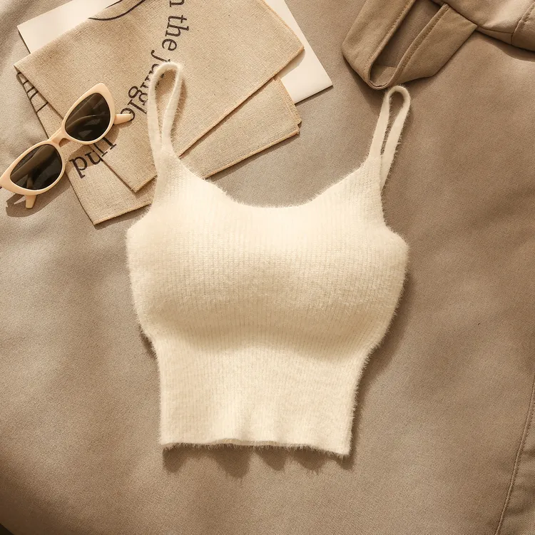 仿水貂毛绒小吊带背心女秋冬内搭辣妹性感短款针织无袖保暖小上衣