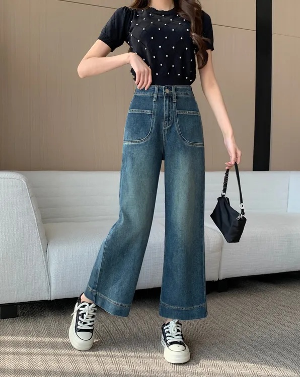九分阔腿牛仔裤女2025春季新款显瘦宽松小个子休闲直筒裤子