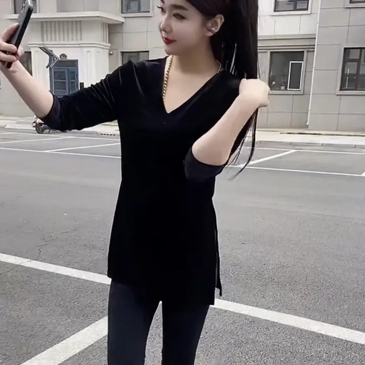 V领中长款长袖开衩丝绒T恤女2025秋季新款修身百搭打底衫上衣