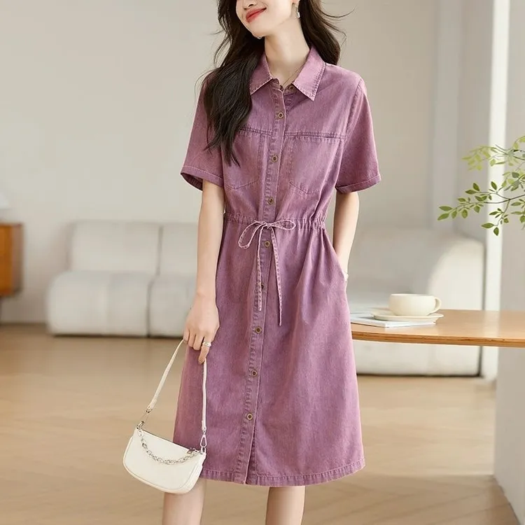 牛仔连衣裙女夏季2025新款宽松显瘦减龄休闲A字裙时尚复古衬衫裙