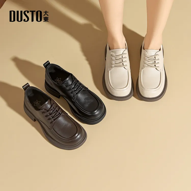 大东乐福鞋女款2025秋季新款百搭简约时尚小皮鞋高跟系带单鞋0750