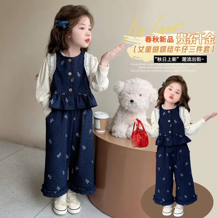 女童套装春秋款2025新款儿童满印牛仔马甲女宝宝装韩版休闲三件套