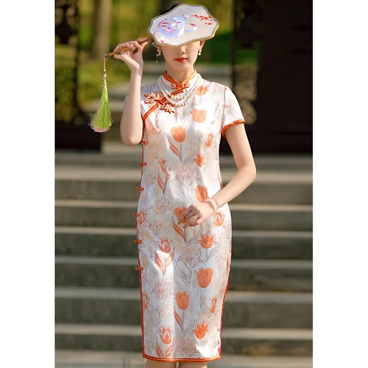 手工旗袍55830 金吴针旗袍醋酸单层气质优雅显瘦修身长款日常夏季