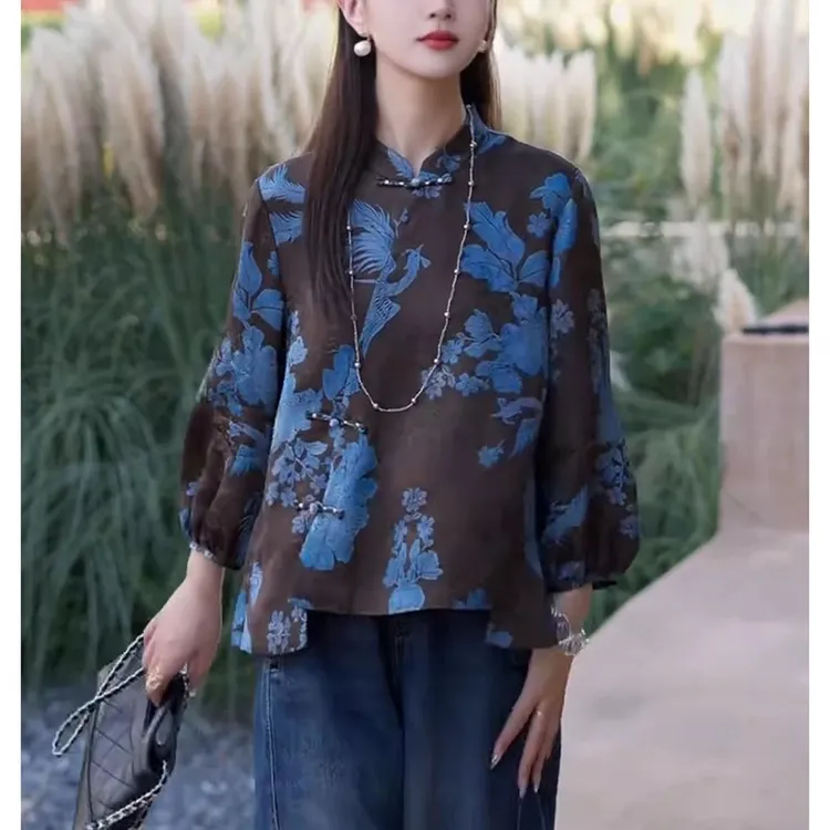 秋季新款中国风时尚宽松大码小衫复古潮流气质优雅长袖新中式上衣