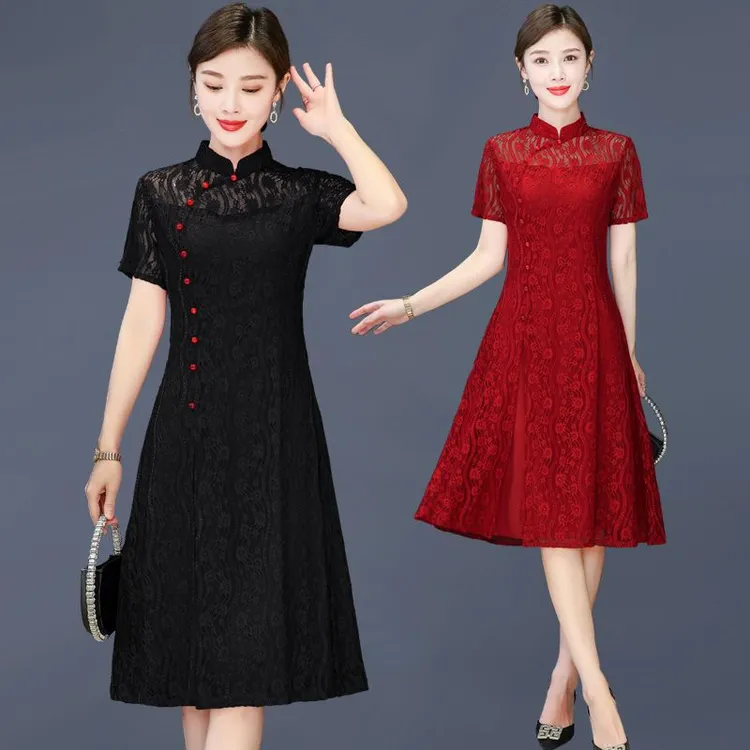 哥弟阿玛施正品大码显瘦洋气修身遮肚连衣裙蕾丝夏季妈妈装中年女