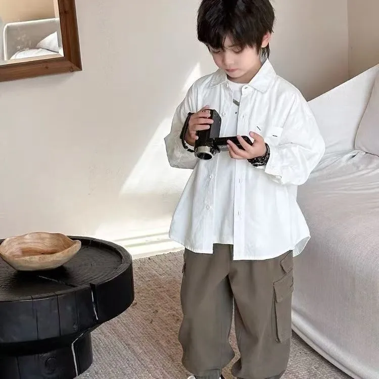 童装男童长袖衬衫夏款2025新款儿童白色衬衣薄款时尚帅气夏季