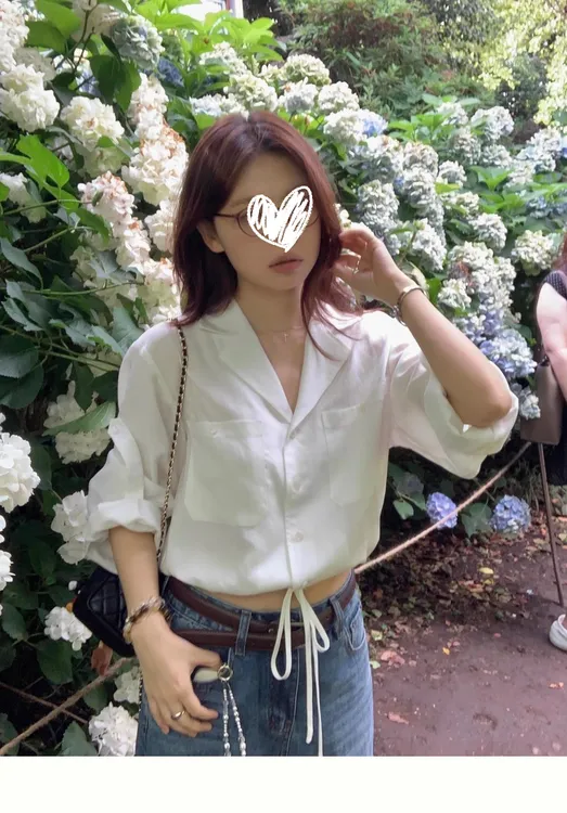 热夏凉白开抽绳翻领长袖白色防晒衬衫女短款