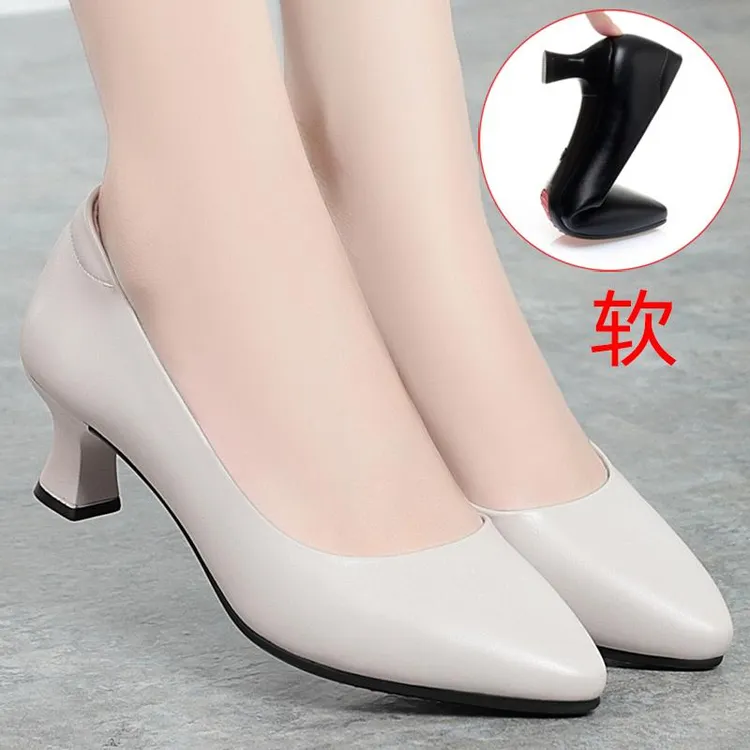 牛皮真皮软底舒适细跟白色鞋工作鞋正装职业女士皮鞋单鞋女鞋