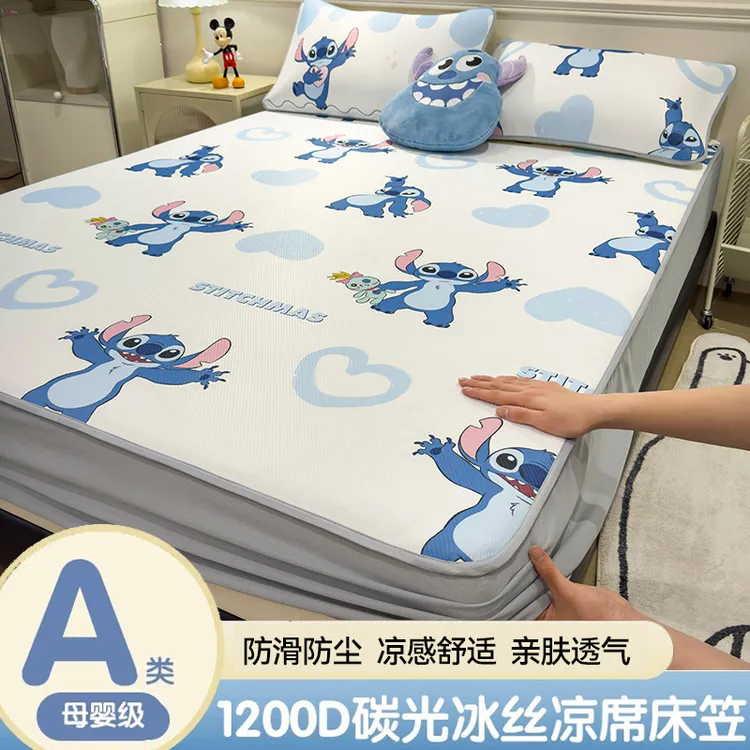 卡通提花凉感席床笠款夏季家用儿童床单人牛奶冰丝凉席可机洗水洗