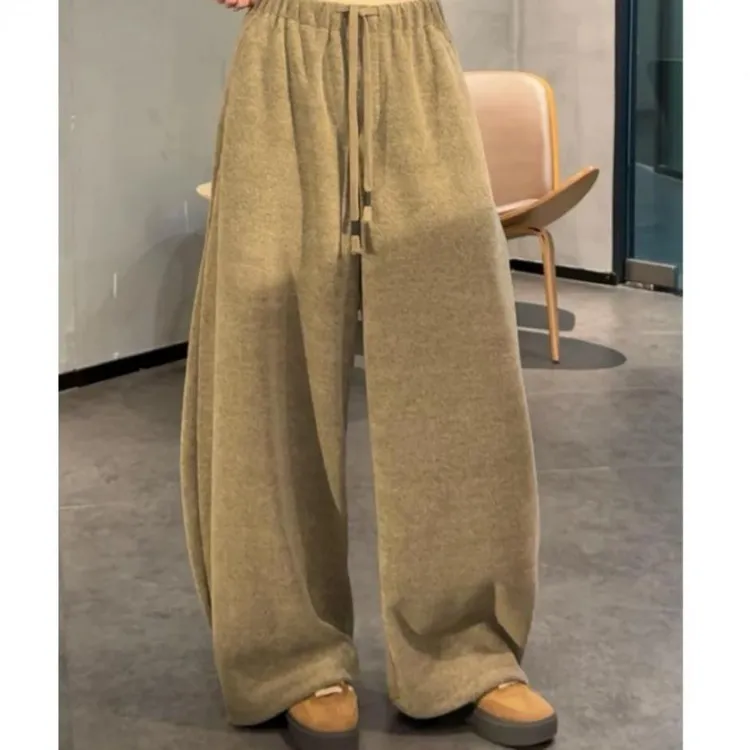 加绒慵懒直筒奶奶裤女秋冬大码胖mm百搭高腰宽松显瘦阔腿拖地长裤