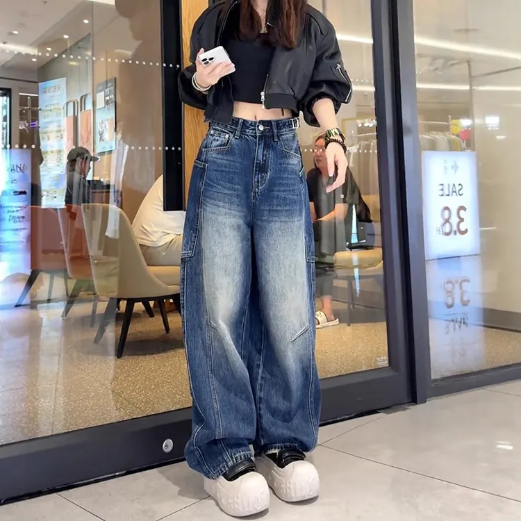 弯刀牛仔裤女秋冬加绒2025新款美式阔腿裤胖mm大口袋显瘦直筒裤子