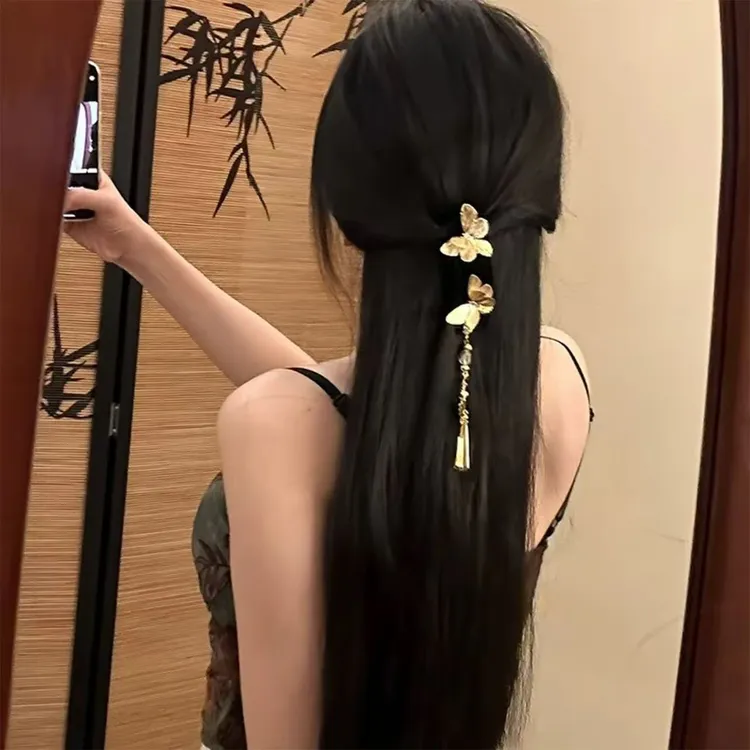 新中式立体蝴蝶发夹合金一字夹古风女高级感结婚头饰金色新娘发饰