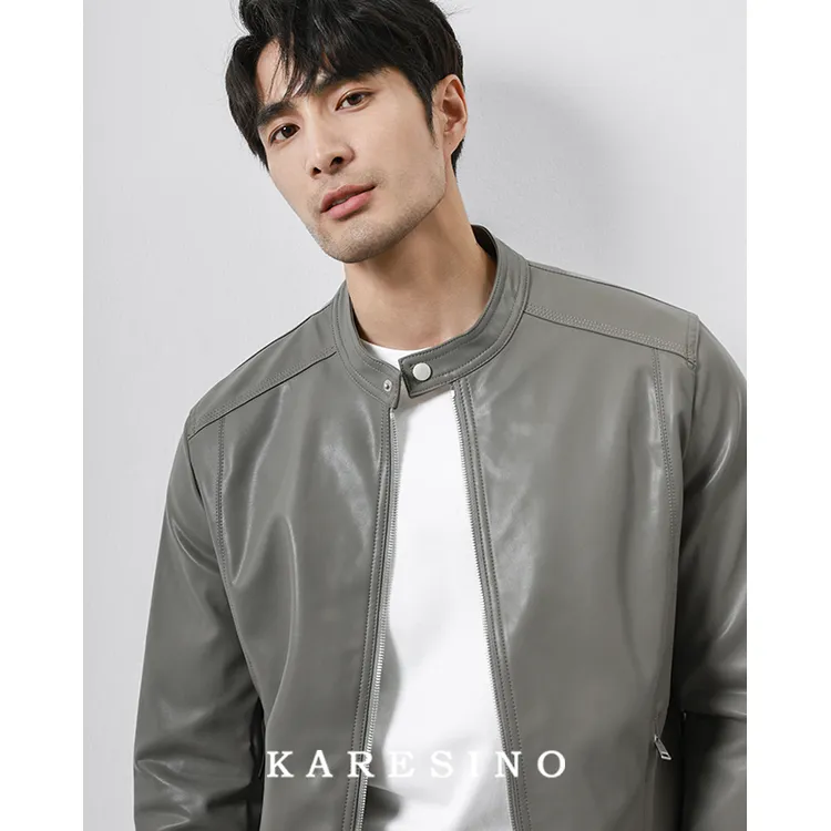 KARESINO美式休闲立领PU软皮衣男士骑行复古黑色机车服皮夹克外套