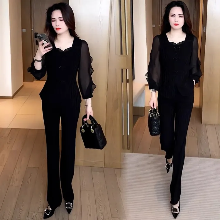 时尚雪纺套装女夏季新款洋气减龄遮肉上衣高腰阔腿裤气质两件套潮