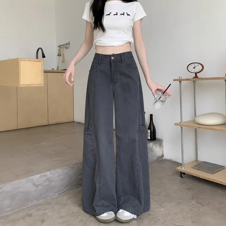 灰色复古做旧牛仔裤女2025秋季新款宽松显瘦阔腿美式休闲拖地长裤