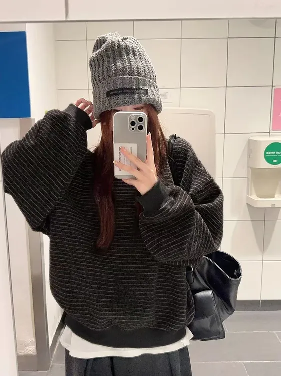 【Ins条纹卫衣】自留仿兔绒条纹圆领套头卫衣秋季长袖上衣