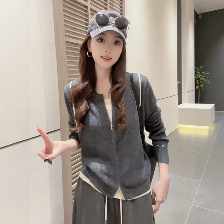 假两件撞色拼接针织衫女装早秋季双拉链设计休闲百搭上衣