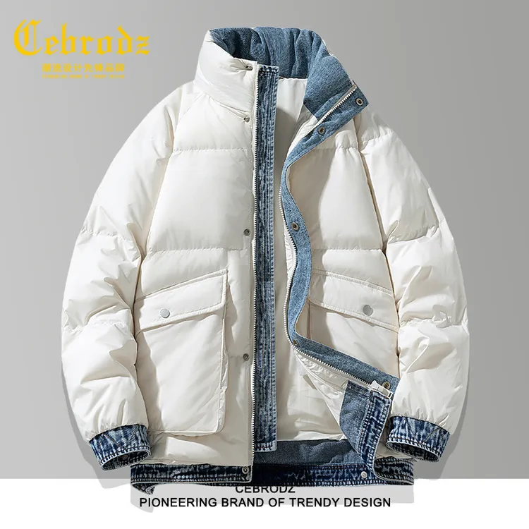 法国Cebrodz假两件羽绒服男士秋冬季2025新款立领牛仔冬装夹克潮