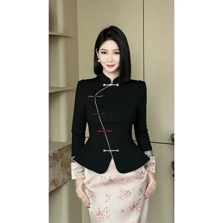 格娜新中式盘扣改良旗袍上衣冬季提花新款半身裙国风优雅高贵套装