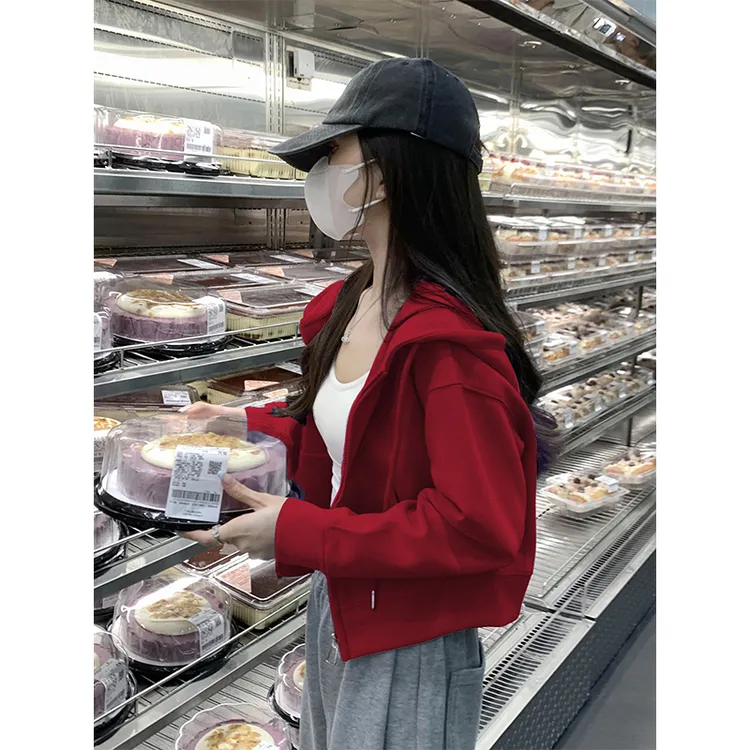 即墨连帽卫衣女加绒外套2025新款春秋红色开衫外套小个子短款上衣