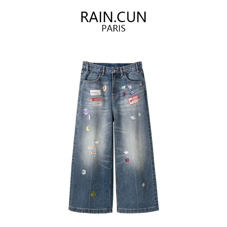 RAIN.CUN秋新款高腰宽松直筒阔腿裤女烫画八九分裤个性时髦11877