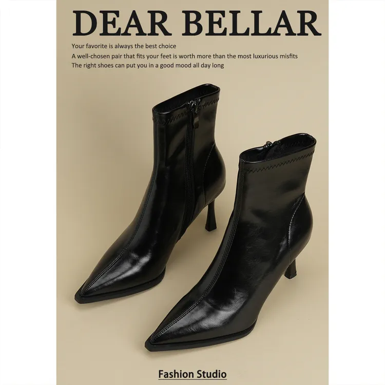 法式时尚黑色高跟女短靴欧美风配大衣时装靴秋冬尖头细跟瘦瘦靴