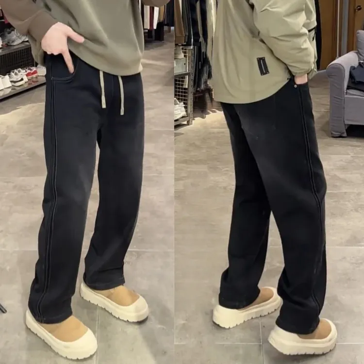 男士新款牛仔裤美式高街水洗复古黑色直筒裤宽松长裤休闲简约潮流