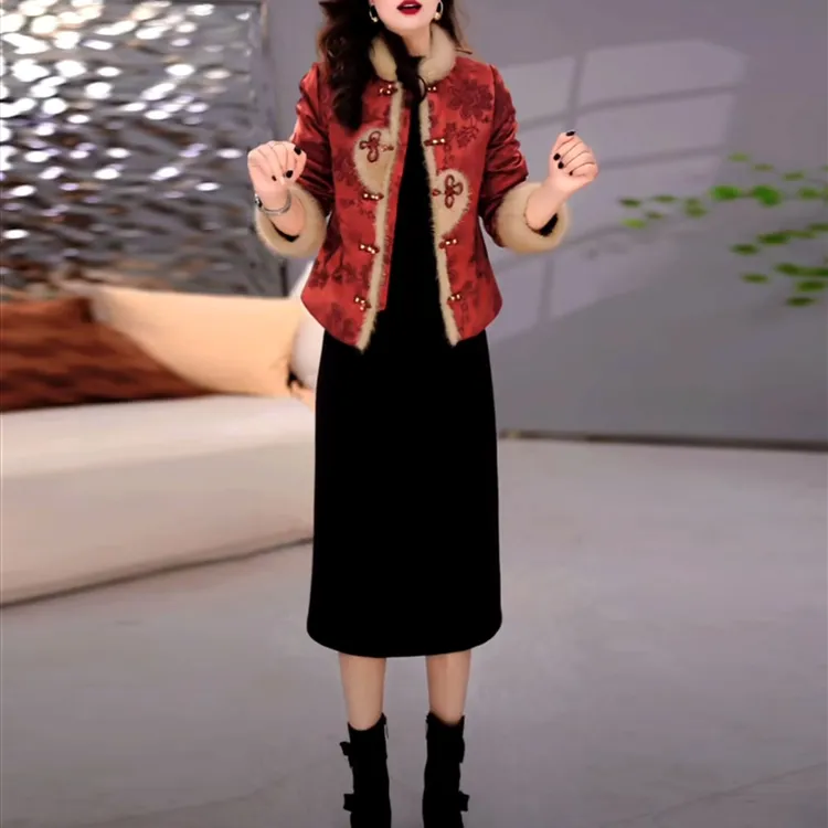 新中式提花缎加厚两件套连衣裙2025冬季新款修身喜妈妈红色礼服裙