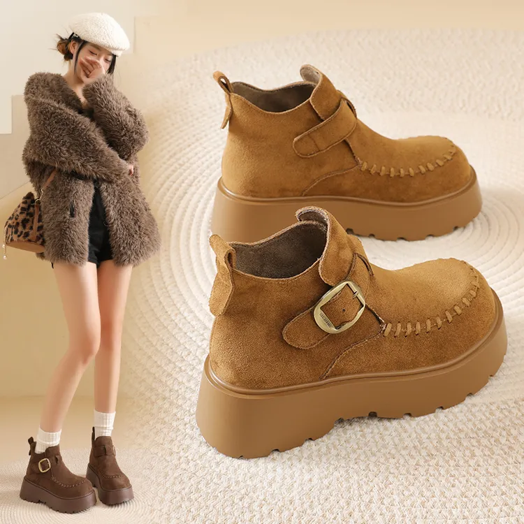 丑萌厚底勃肯鞋女2025秋冬新款真皮复古马丁靴百搭显瘦加绒短靴