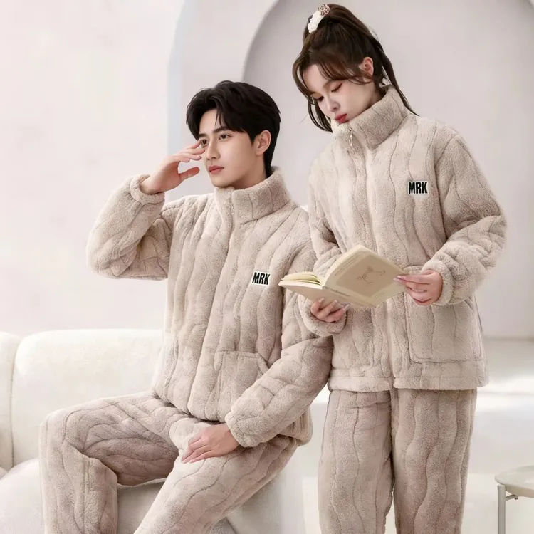 2025爆款立领情侣冬季睡衣加绒加厚保暖棉服三层夹棉休闲大码套装