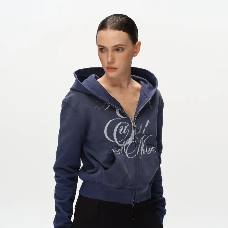 Metaricotta 蓝色水洗感印花质感短款连帽卫衣女