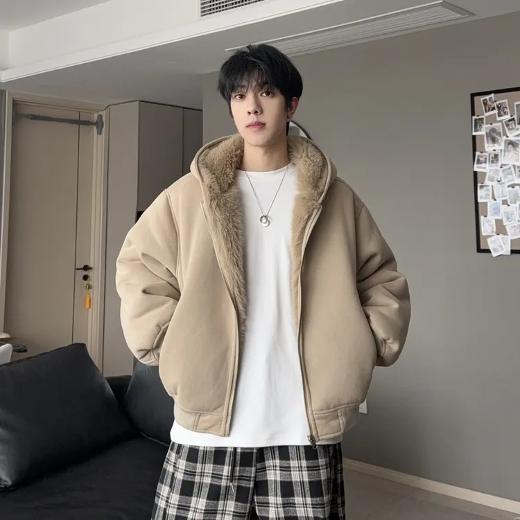 加绒加厚座山雕卫衣美式慵懒风连帽加厚冬季保暖外套潮双面穿短款