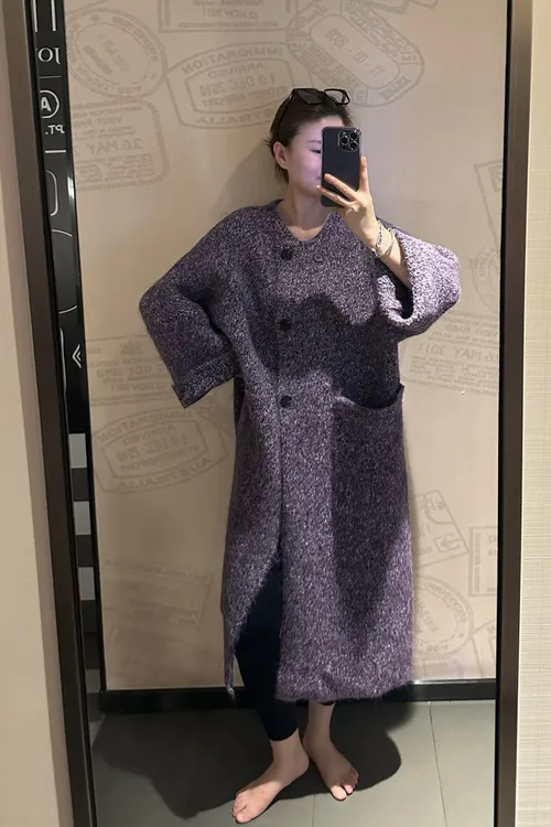 2025新款欧版长款高级感极简花线八分袖双排扣大衣式毛衣长款外套