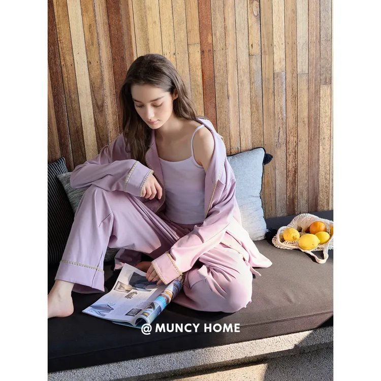 曼系“温柔浅紫”柔软棉睡衣女春秋季设计感气质显白撞色开衫套装