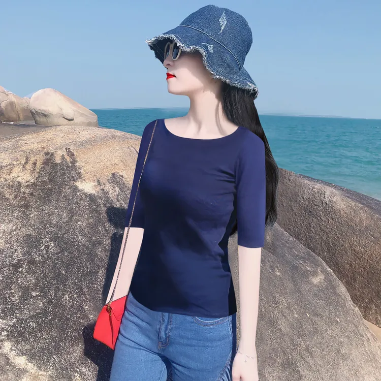 韩剧大女主同款春夏秋显白藏青色半圆领露锁骨五分中袖T恤女上衣