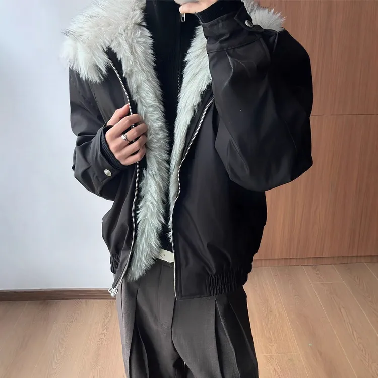 狼王毛领座山雕棉服男款冬季加绒加厚短款外套高级感三防夹克棉衣