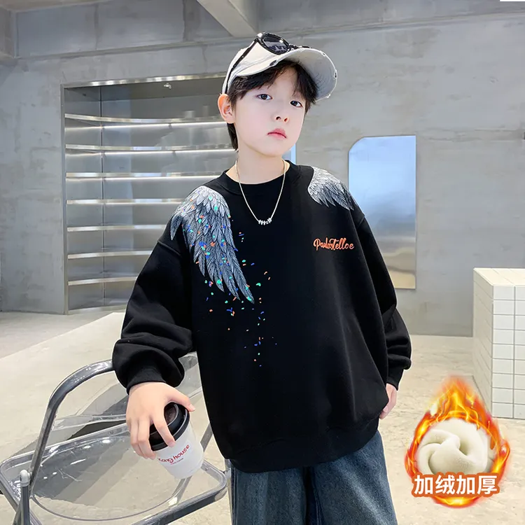 男童冬款加绒卫衣2025新款中大童翅膀印花款休闲上衣长袖卫衣