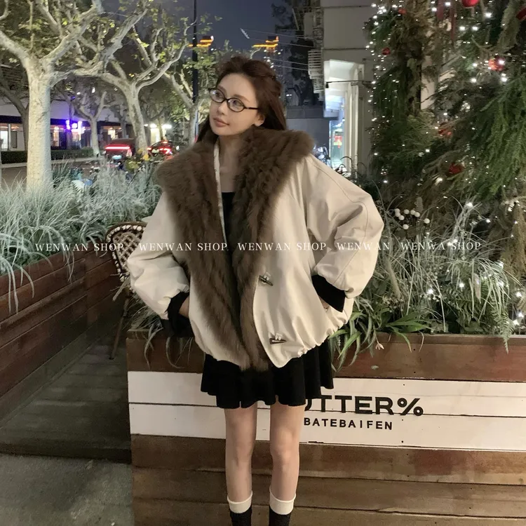 【自在派克】鹅绒！牛角扣狐狸毛百搭时髦大毛领羽绒服