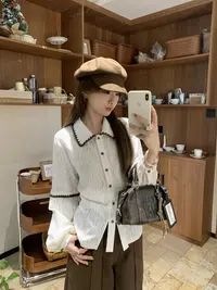 乌77复古设计感甜美风减龄气质衬衫秋季新款提花撞色长袖衬衣