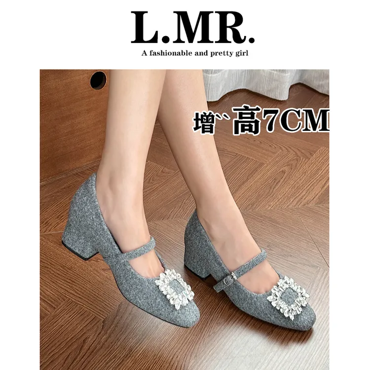 增高7公分水钻方扣粗跟单鞋女2025新款韩式保暖绒面一字带毛毛鞋