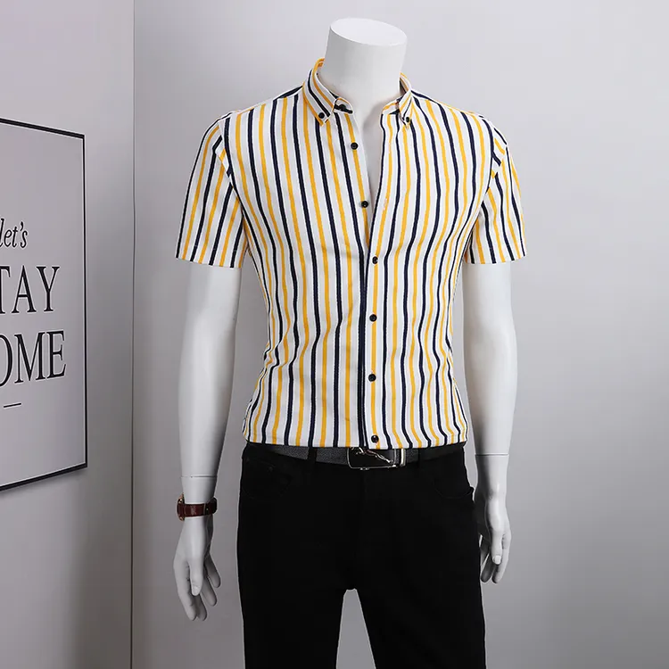 纯棉立领条纹衬衫男短袖夏季男款修身高级感休闲男士衬衣2025新款