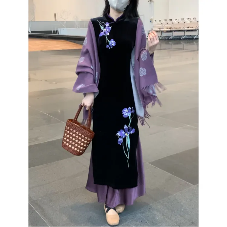 葫芦扣刺绣新中式优雅中长裙旗袍秋冬民族风立领中式