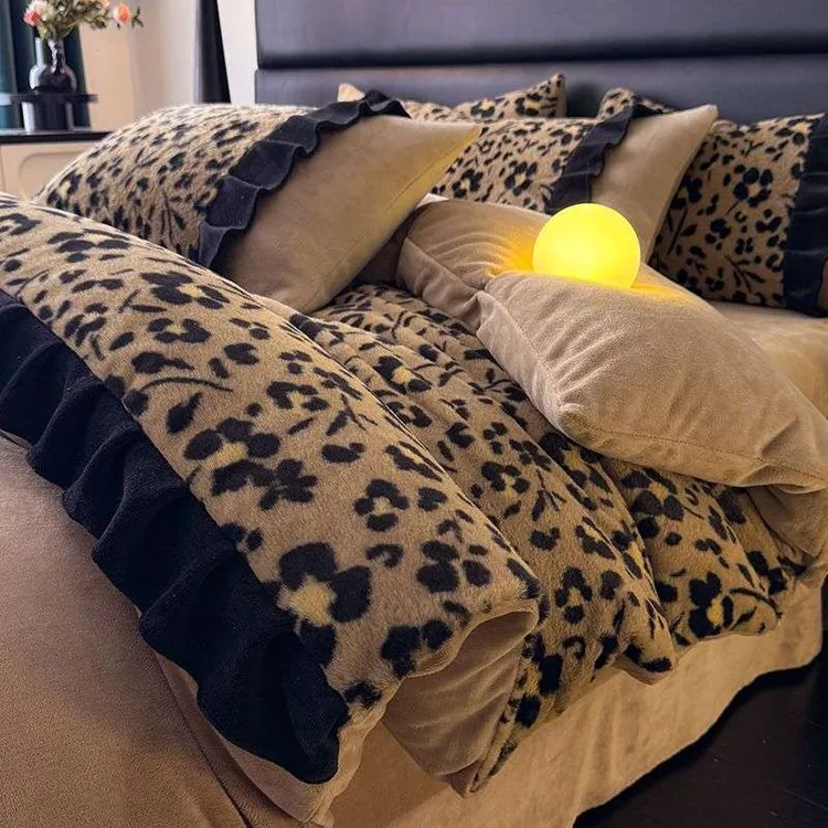 高级感轻奢豹纹咖色兔毛绒牛奶绒床上用夏A类水洗棉夏凉四件套