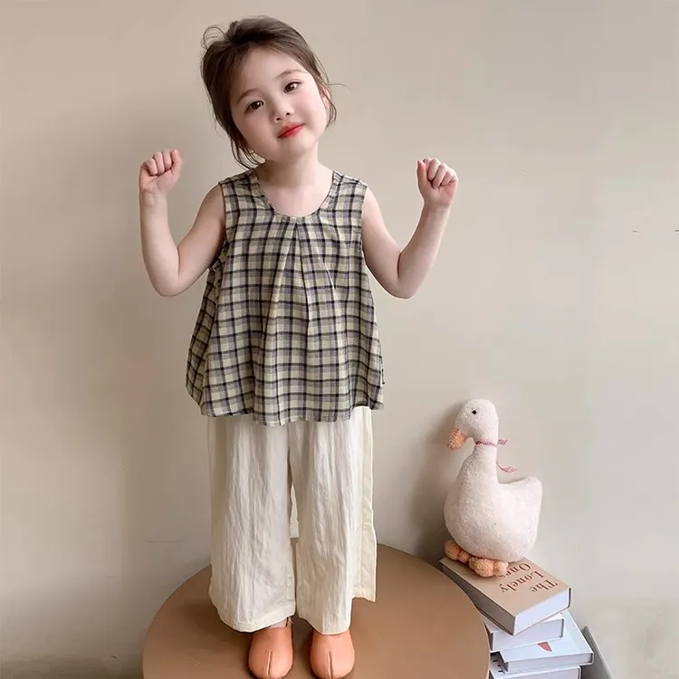 女童夏装无袖套装2025儿童格子背心阔腿裤两件套宝宝夏季时髦衣服