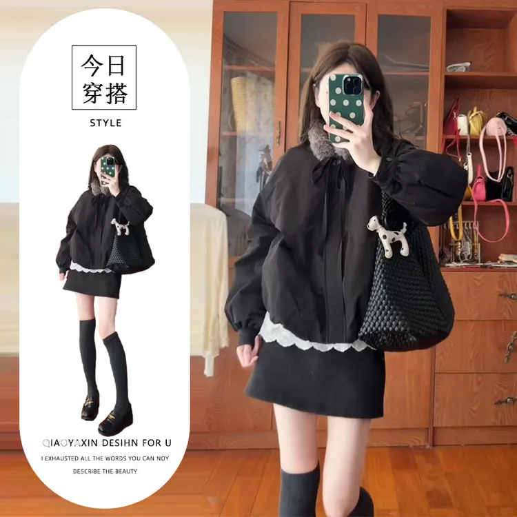 韩系小香风穿搭套装女冬季花边打底衫立领棉服外套高腰短裙三件套